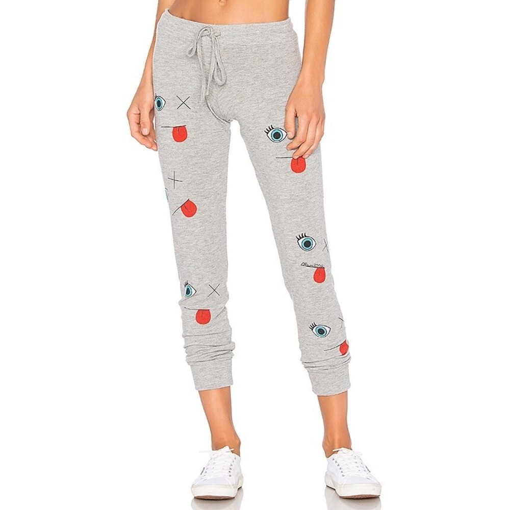 Lauren Moshi Women's Evil Eye Lips Graphic Jogger Sweatpants Gray Size M Lounge